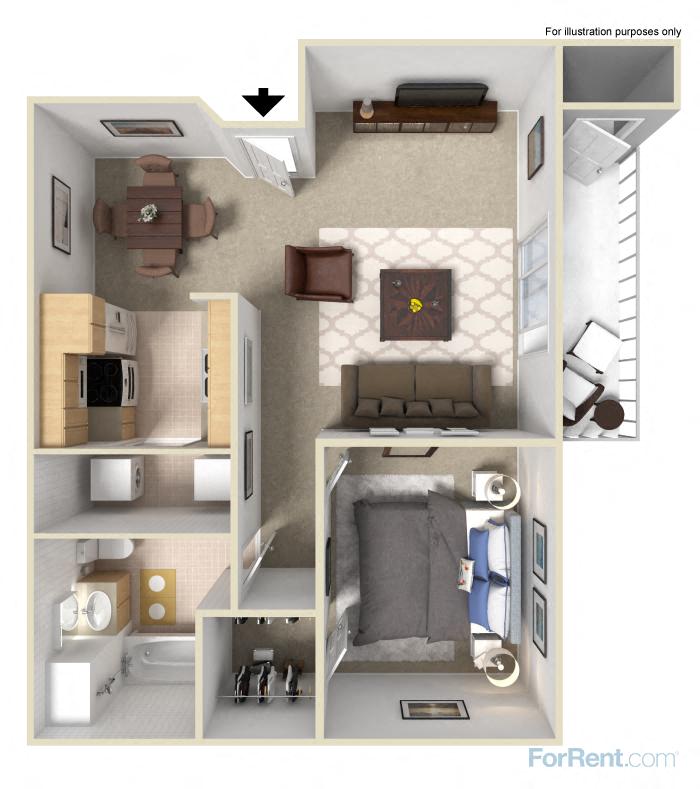 Floor plan for 1 bed, 1 bath, 756 sqft